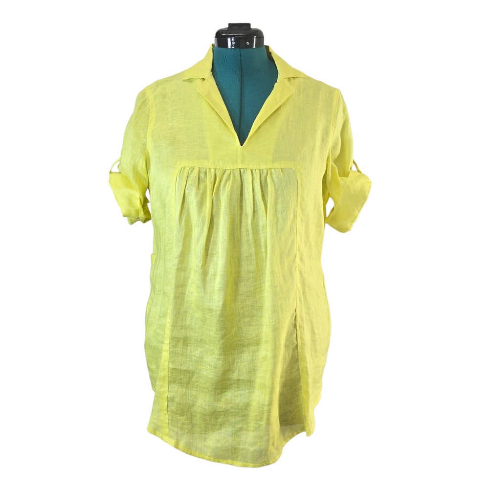 Nurture Linen Top Womens Size S Yellow V-Neck Roll Tab Sleeve Blouse Shirt
